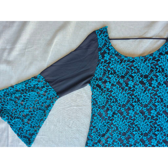 Black and Teal Floral Pattern Lace Embroidered Mini Dress Bell Sleeve Small NWT - Picture 12 of 12